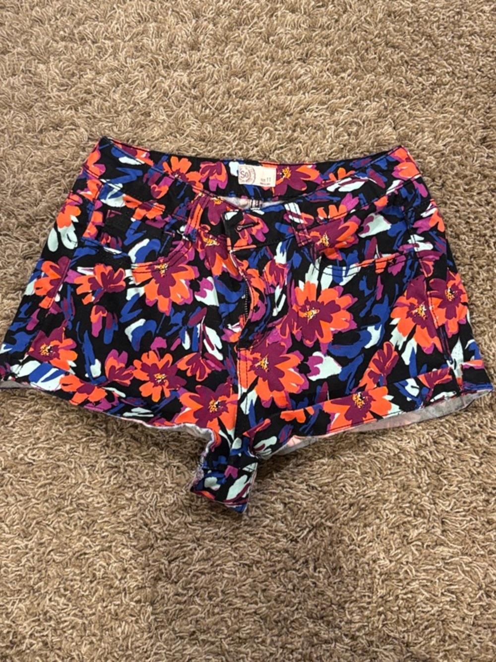 SO Women's Floral High Waist Shorts - Black, Orange, Purple, Blue